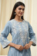 Blue Cotton Embroidered Straight Kurta Set image number 1
