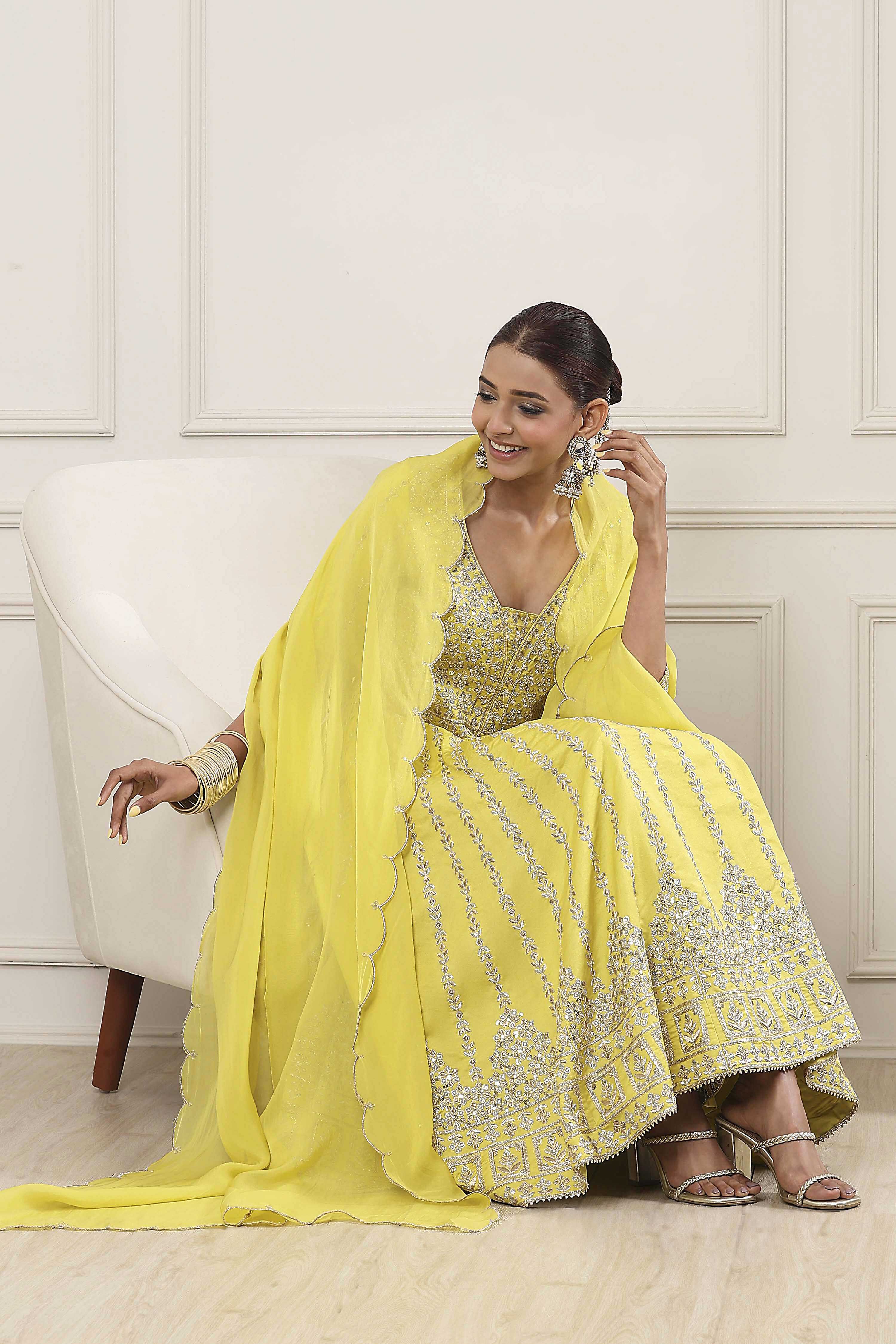 Lime Green Cotton Silk Anarkali Suit Set image number 0