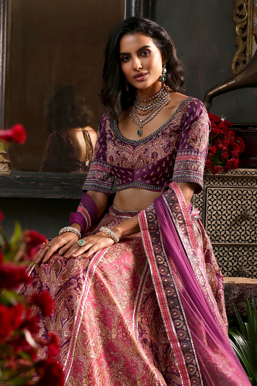 Purple Hand Embroidered Flared Lehenga Set - Main Image