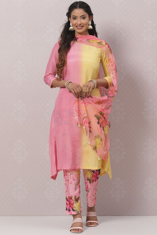 Sea Green And Pale Yellow Poly Viscose Asymmetric Kurta Pant Suit Set image number 0