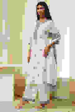 Off-White Embroidered Straight Suit Set image number 3