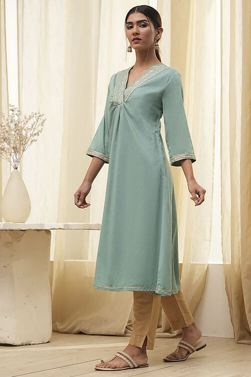 Dull Blue Pure Cotton Gathered Kurta image number 2