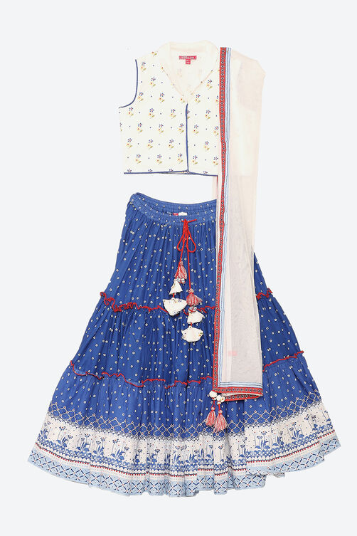 Off White And Blue Cotton Lehenga Set image number 0