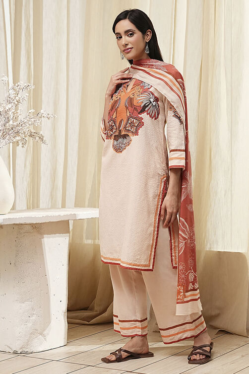 Peach-Toned Cotton Straight Suit Set image number 3