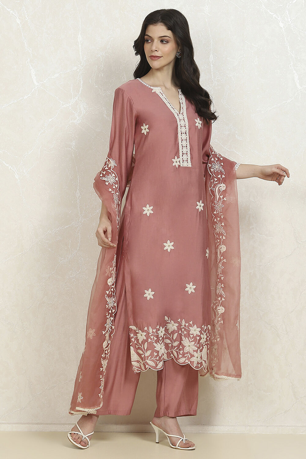 Peach-Pink Modal Machine Embroidered Unstitched Suit Set image number 6
