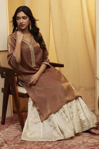 BIBA Poly Viscose Solid Straight Festive Kurta in Brown