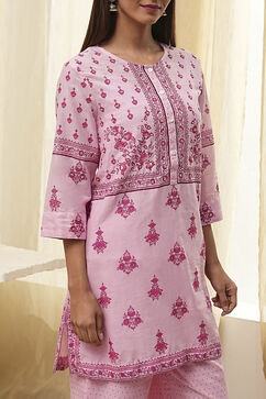 Light Pink Cotton Floral Straight Kurta Set image number 1