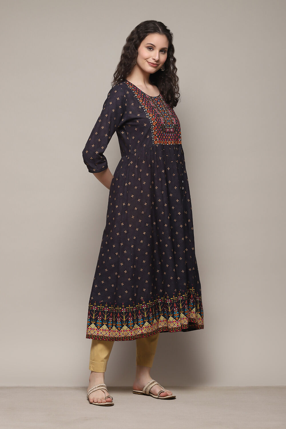 Green Cotton A-Line Printed Kurta image number 3