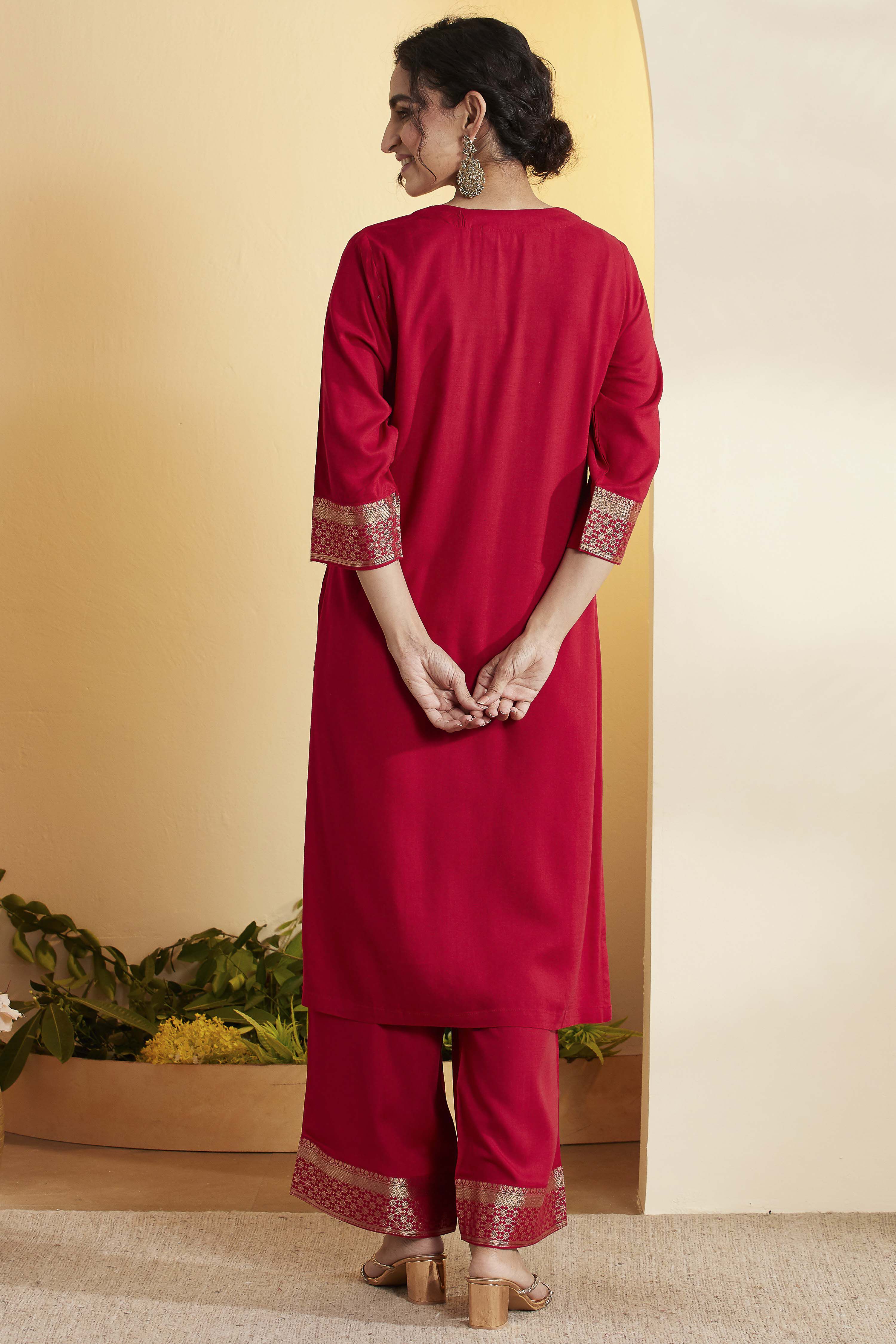 Red Viscose Rayon Yoke Design Straight Kurta Set image number 5