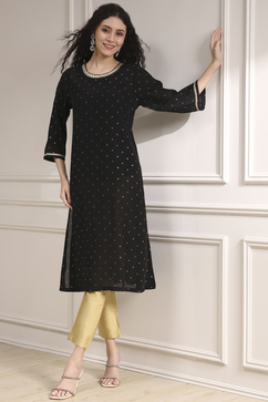 Black Metallic Pattern Straight Kurta image number 0