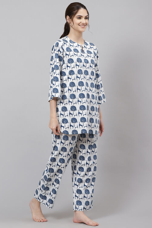 Off White Straight Cotton Three Piece Printed Sleepwear Set image number 5