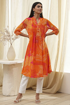 Orange Printed Pleated A-Line Kurta image number 5