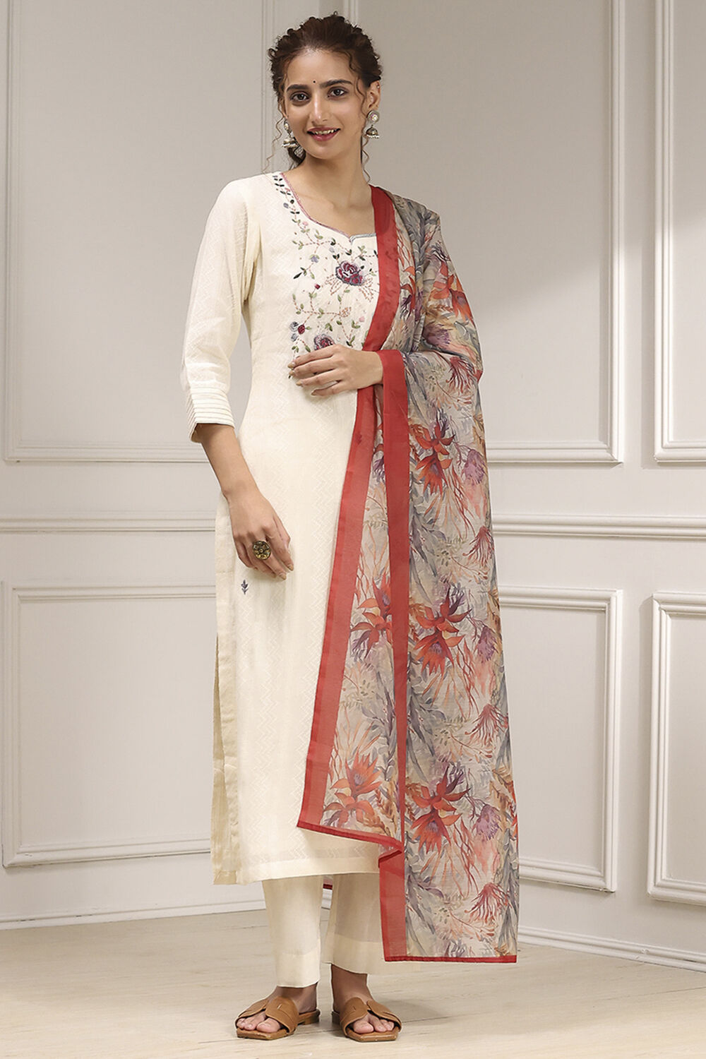 Off White Cotton Hand Embroidered Unstitched Suit Set image number 1