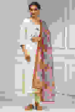 Off White Cotton Hand Embroidered Unstitched Suit Set image number 1