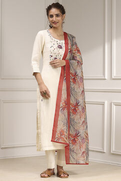 Off White Cotton Hand Embroidered Unstitched Suit Set image number 1