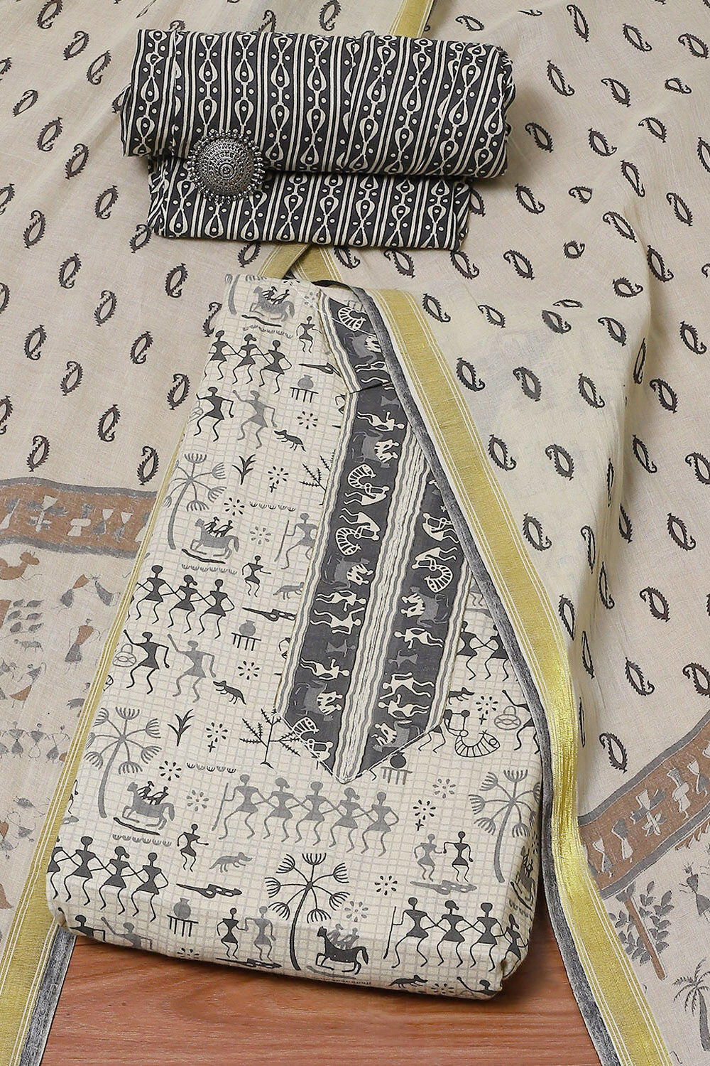 Grey Cotton Screen Printed Unstitched Suit Set image number 0