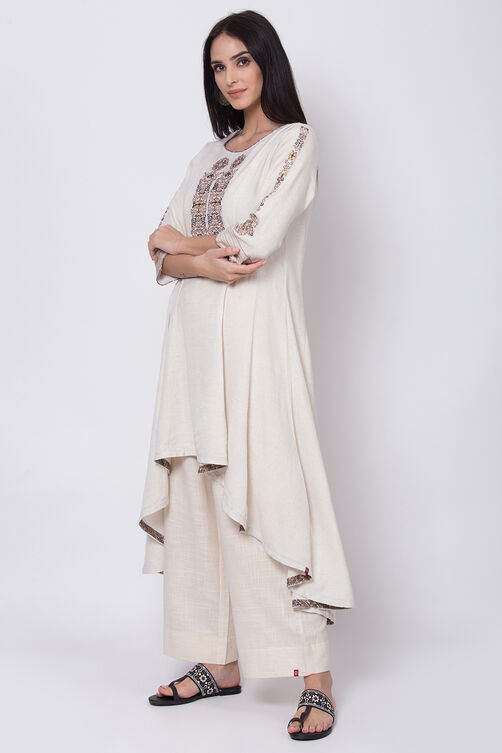 Off White Cotton Flax A-Line Kurta image number 3