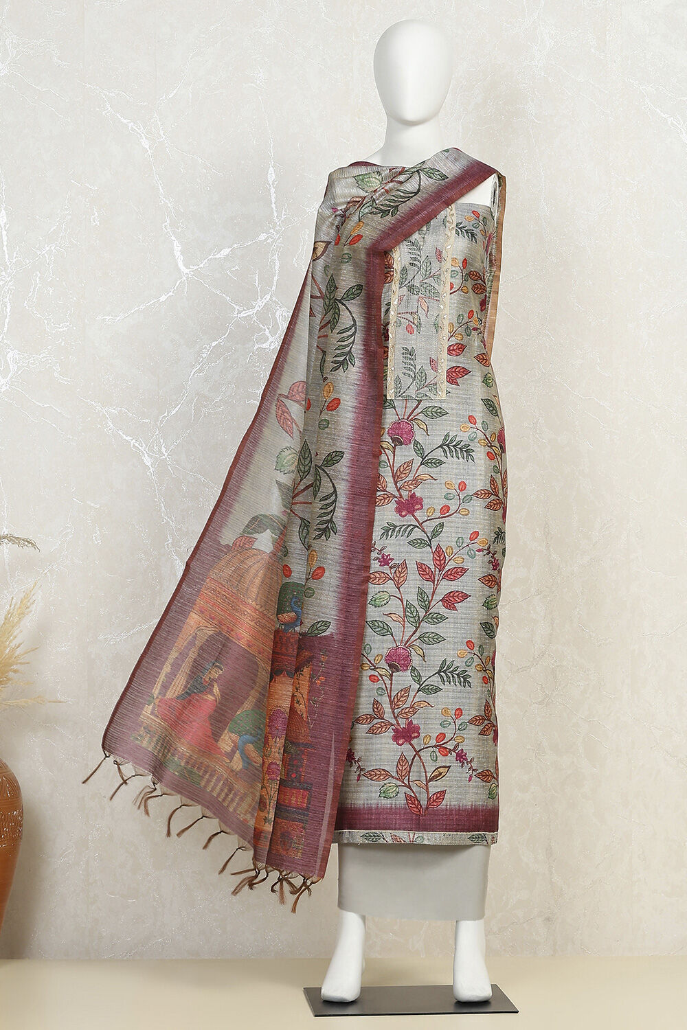 Gray Silk Blend Printed Unstitched Suit Set image number 4