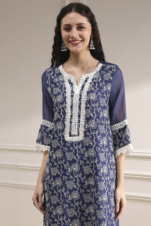 Blue Chanderi Embroidered Straight Suit Set image number 2