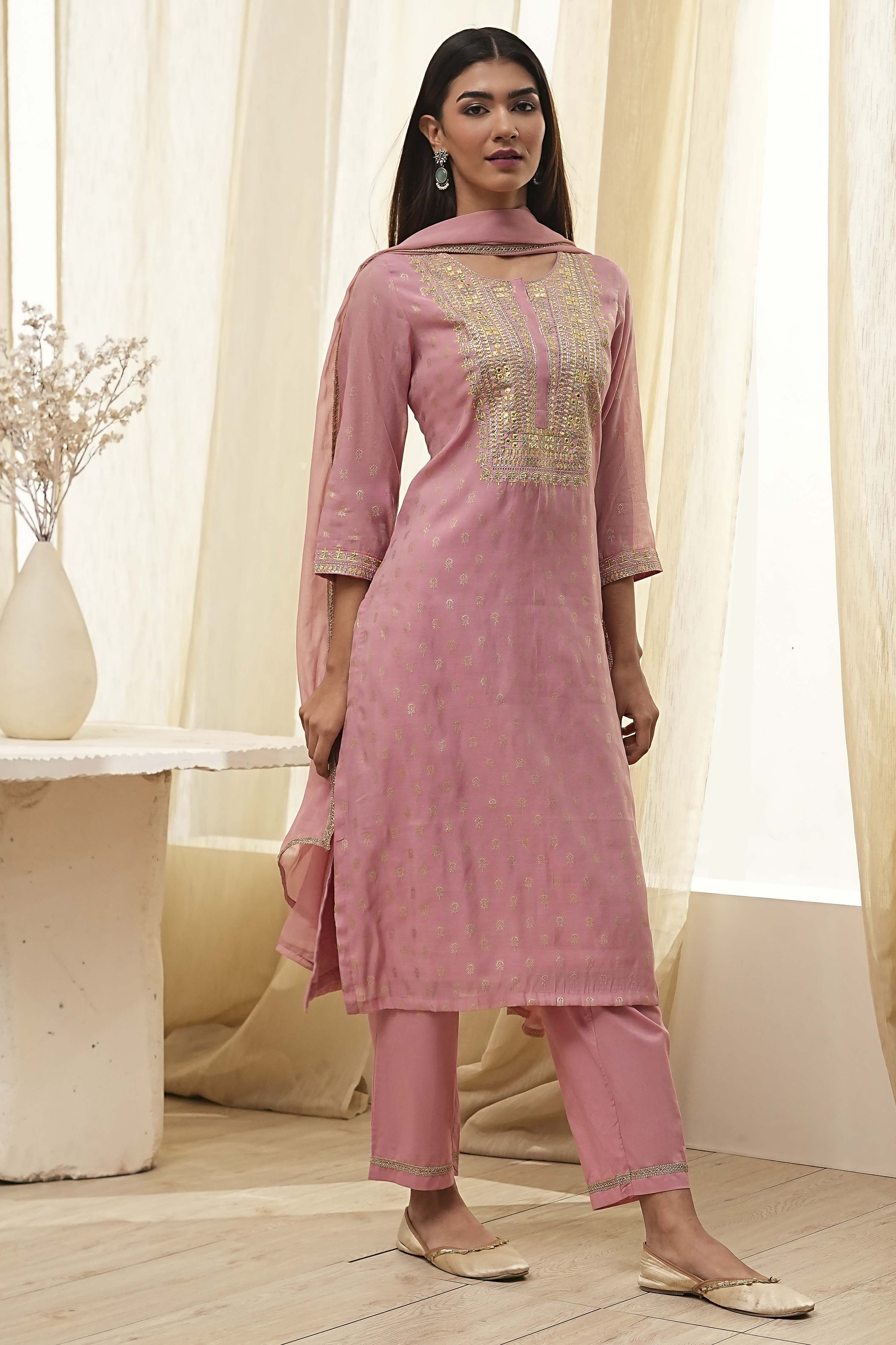Dull Pink Embroidered Straight Suit Set image number 5