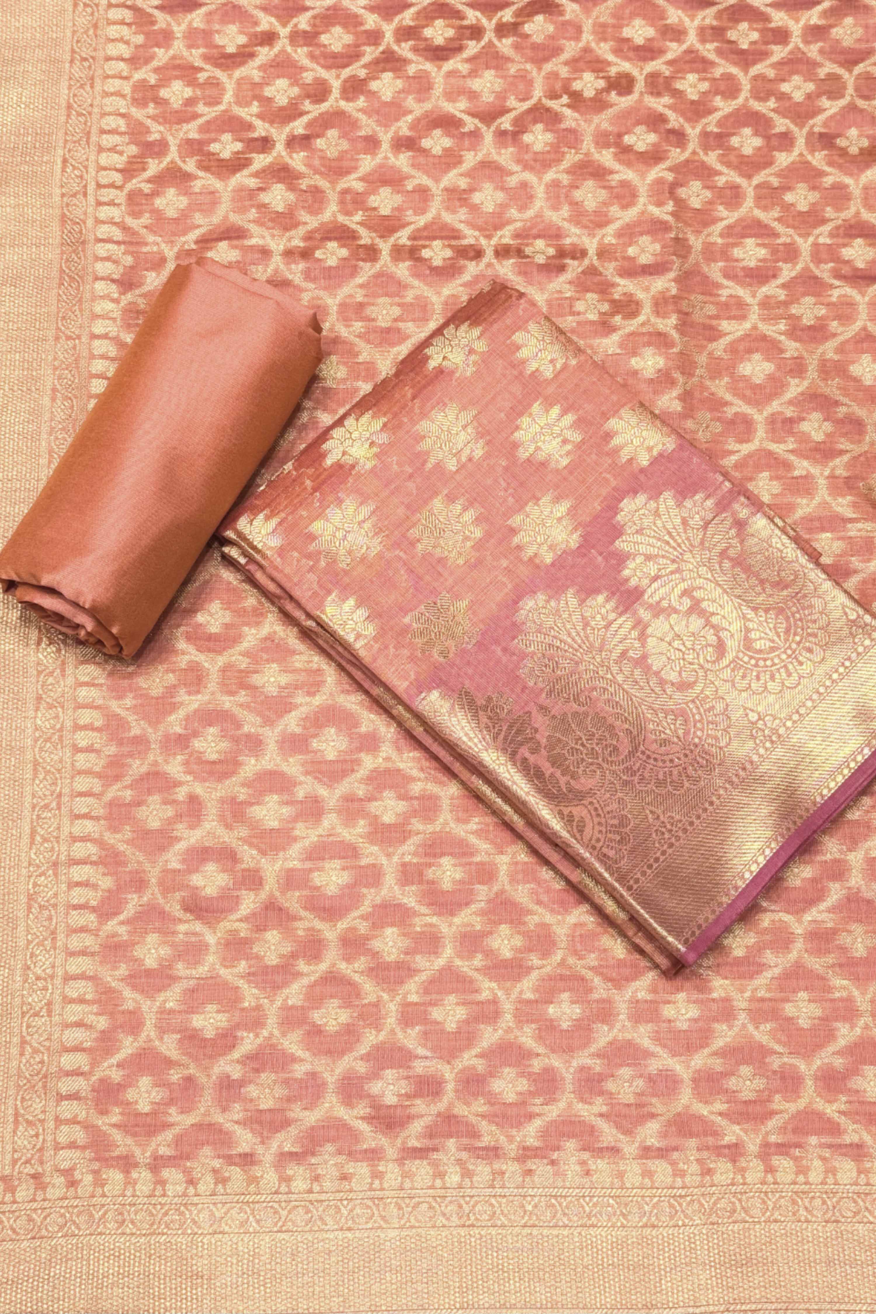 Peach Chanderi Banarsi Weave Unstitched Suit Set image number 0