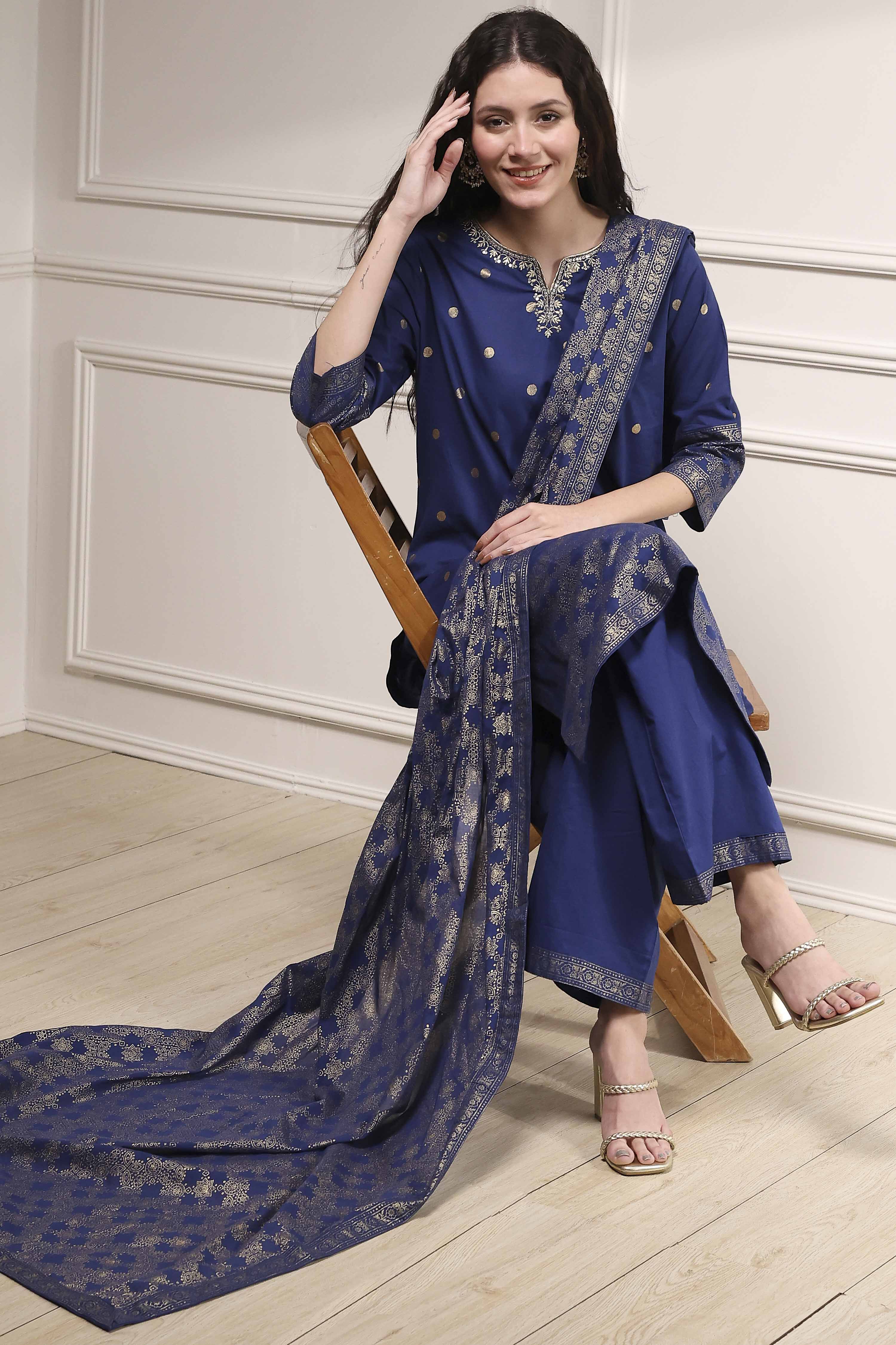 Blue Cotton Printed Straight Suit Set image number 0