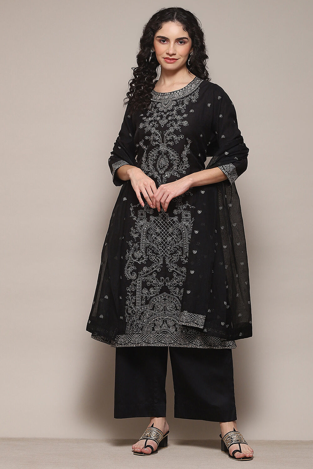 Black Cotton Satin Straight Kurta Palazzo Suit Set image number 7