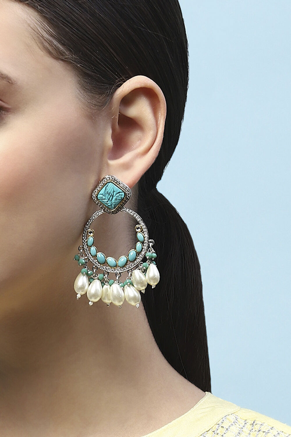 Turquoise Silver-Plated Pearl Chandbalis image number 3