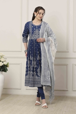 Blue Cotton Ethnic Motifs Printed Anarkali Suit Set