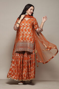 Rust Silk Blend Straight Yarndyed Kurta Palazzo Suit Set image number 7