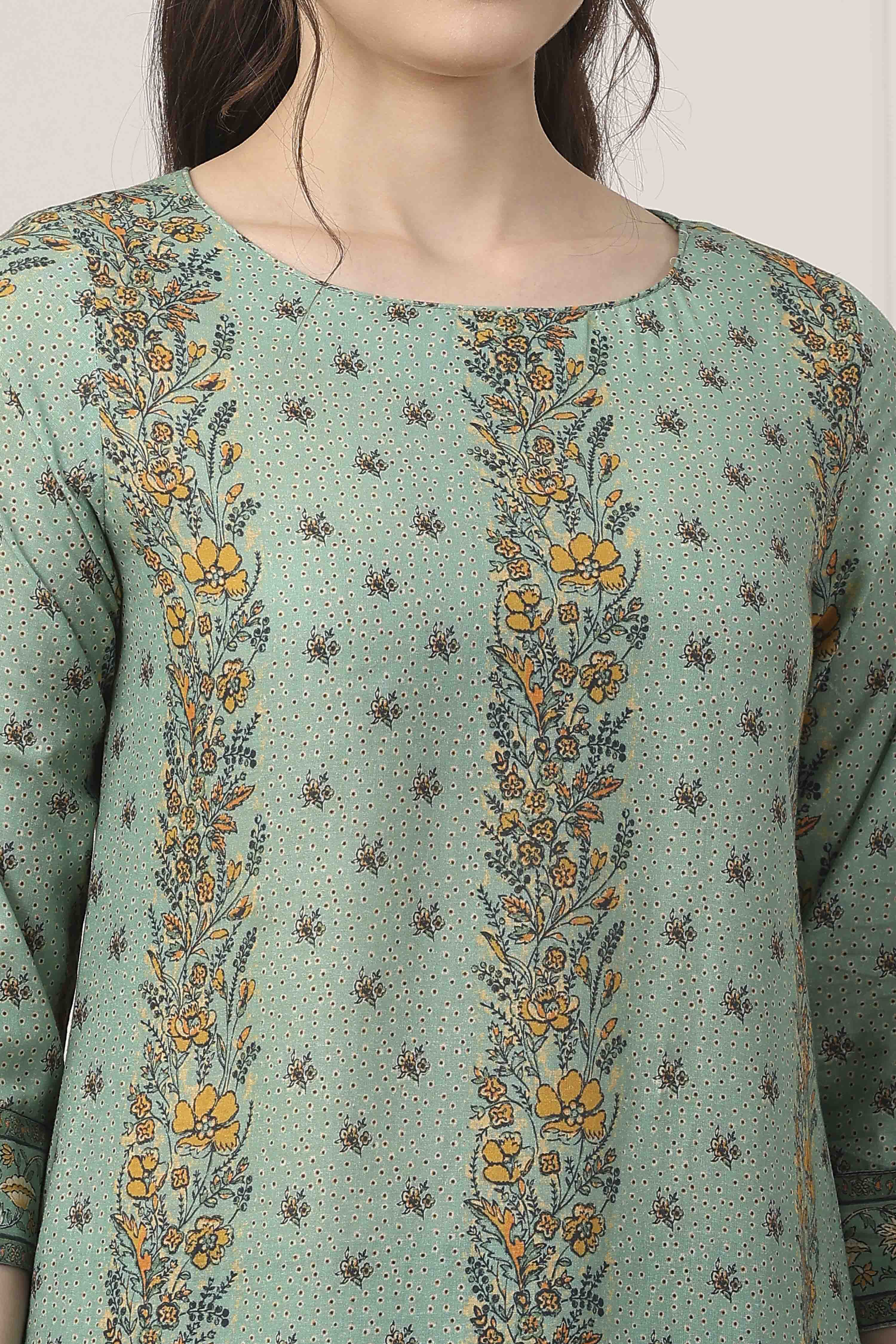 Sage Green Printed Cotton Straight Suit Set image number 1