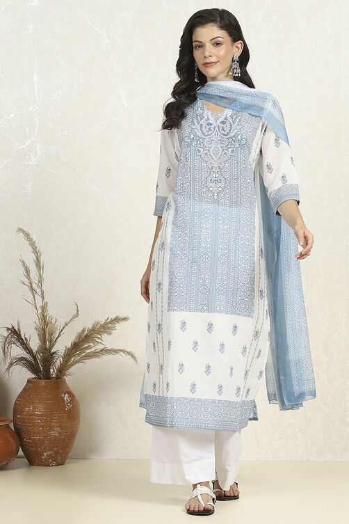 White-Blue Cotton Unstitched Suit Set image number 7