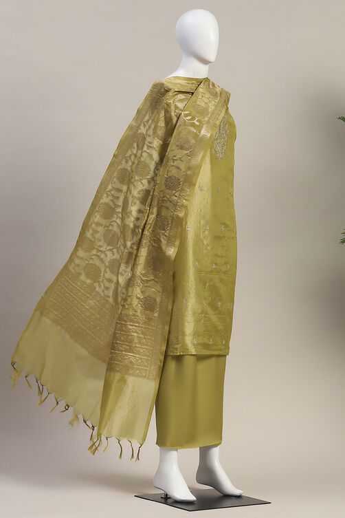 Green Tissue Machine Embroidered Unstitched Suit Set image number 4