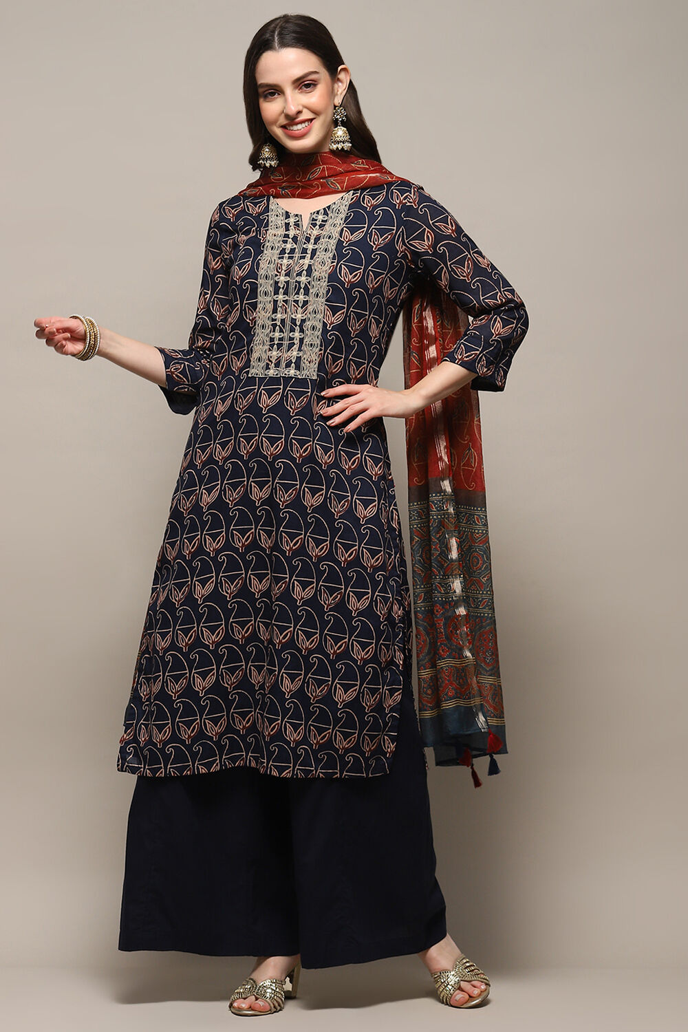 Indigo Cotton Blend Flared Kurta Palazzo Suit Set image number 7