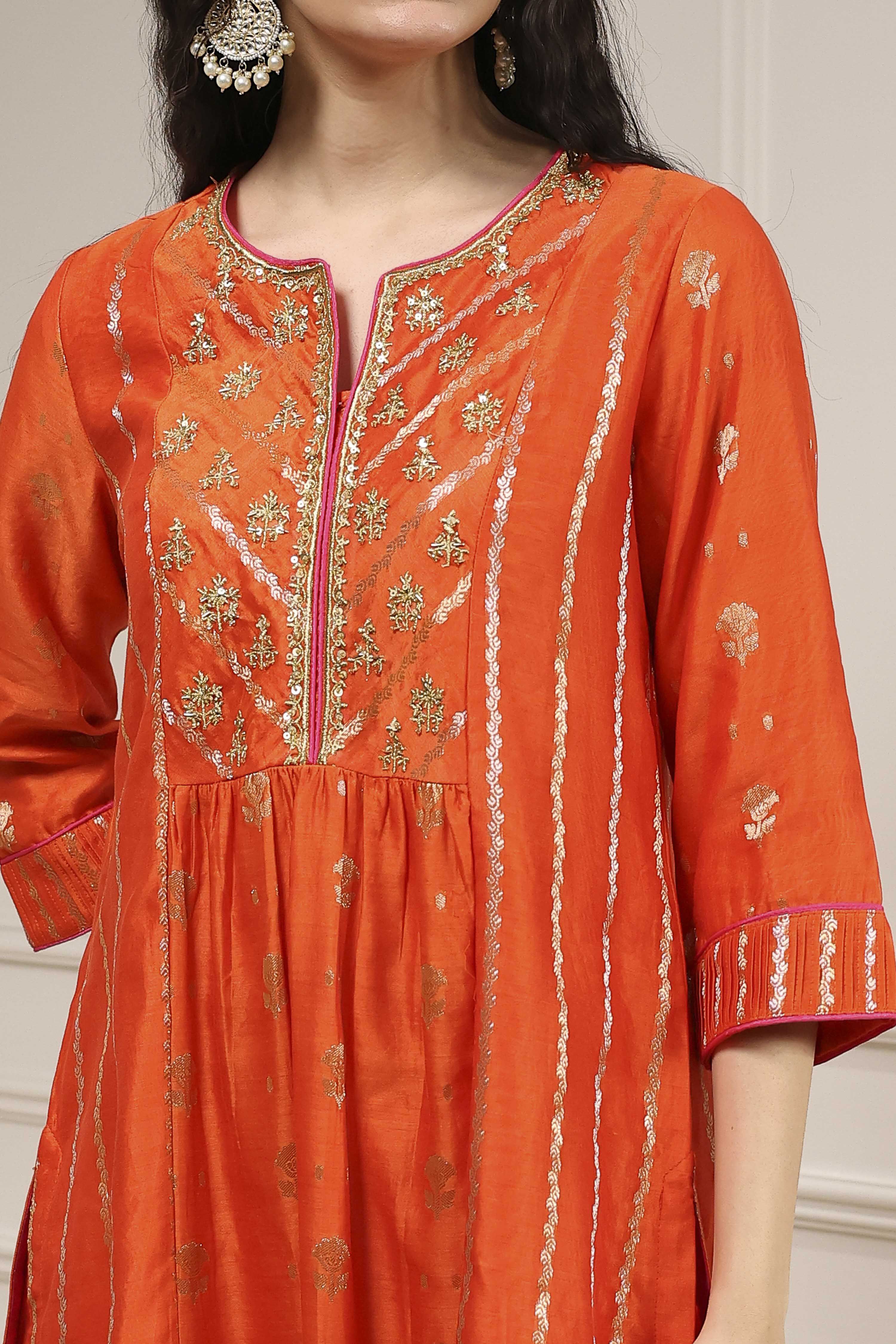 Orange Silk Embroidered Gathered Straight Suit Set image number 1