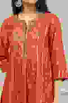 Orange Silk Embroidered Gathered Straight Suit Set image number 1