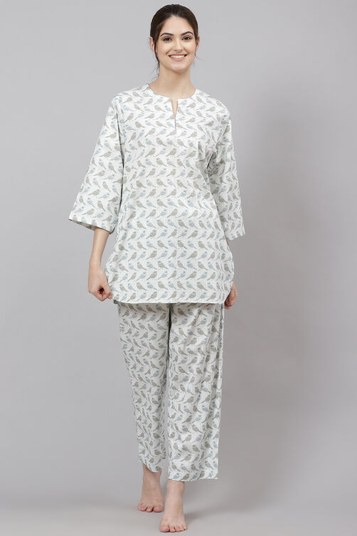 Mint Straight Cotton Three Piece Printed Sleepwear Set image number 0