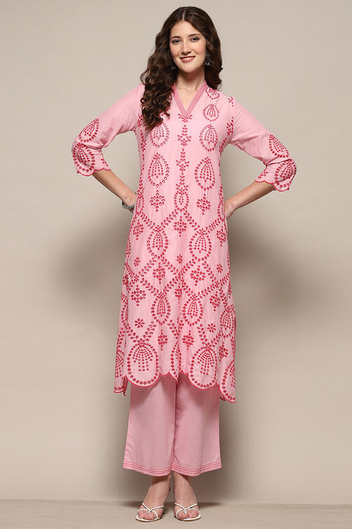 Yellow Cotton Schiffli Kurta & Palazzo Suit Set image number 0