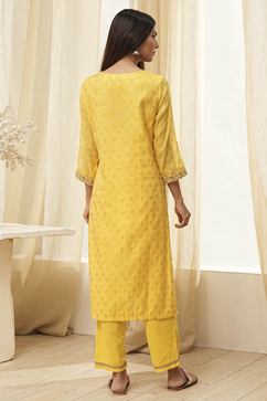 Yellow Embroidered Straight Suit Set image number 4