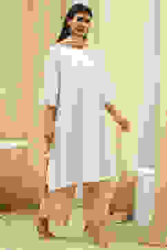 Beige and White Cotton Straight Suit Set image number 4