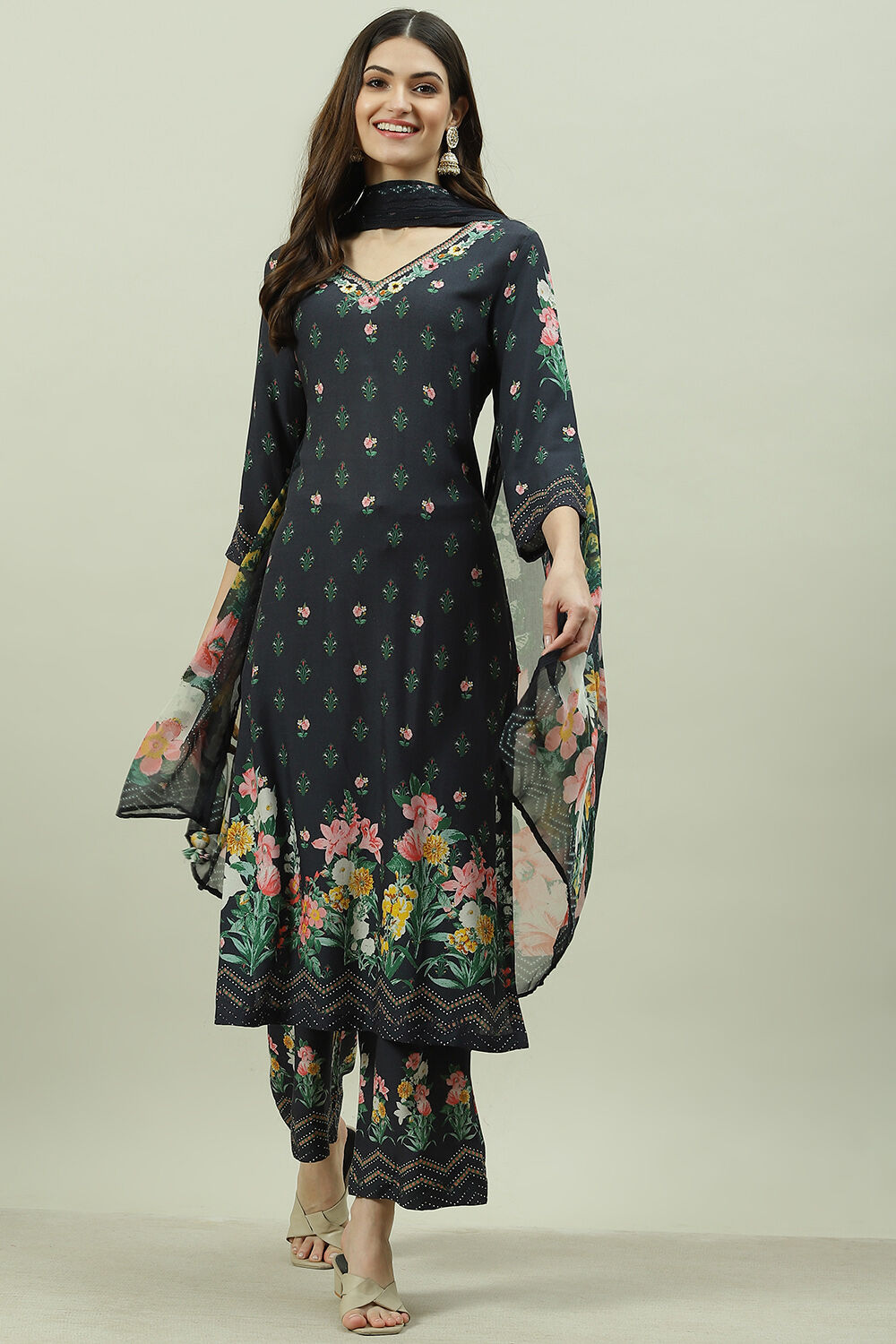 Black Rayon Printed Straight Pant Kurta Palazzo Suit Set image number 5