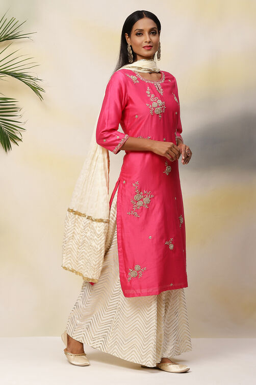 Fuchsia Cotton Silk Straight Kurta Sharara Suit Set image number 0