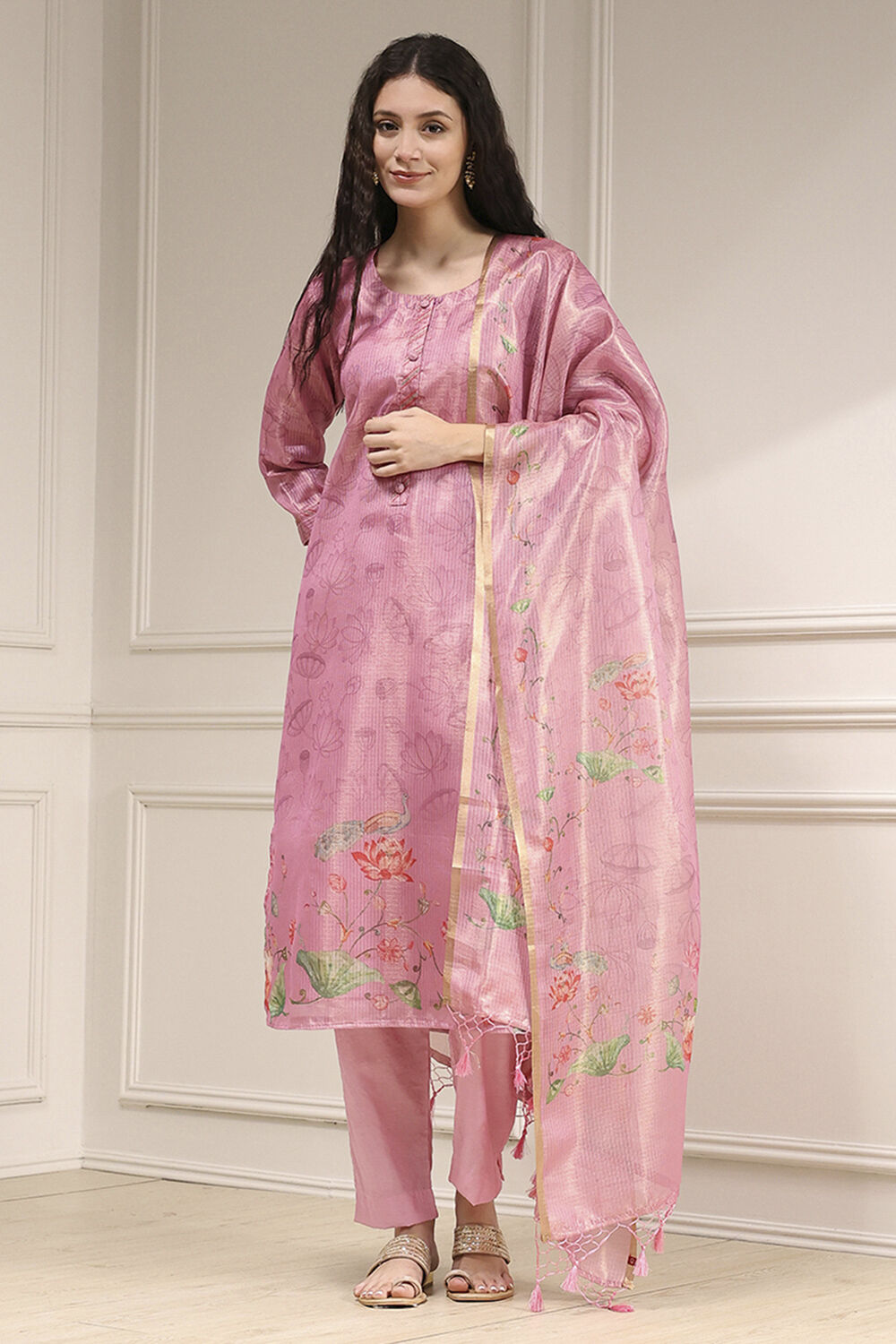 Pink Cotton Printed Unstitched Suit Set image number 1