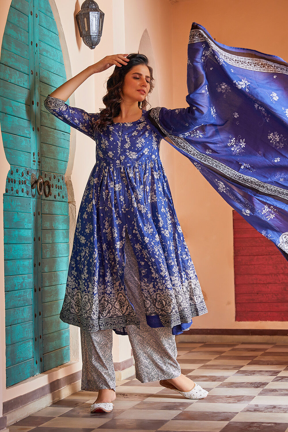 Blue Cotton Anarkali Kurta Palazzo Suit Set image number 0
