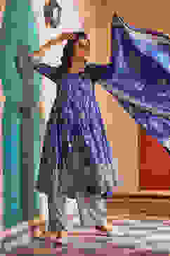 Blue Cotton Anarkali Kurta Palazzo Suit Set image number 0