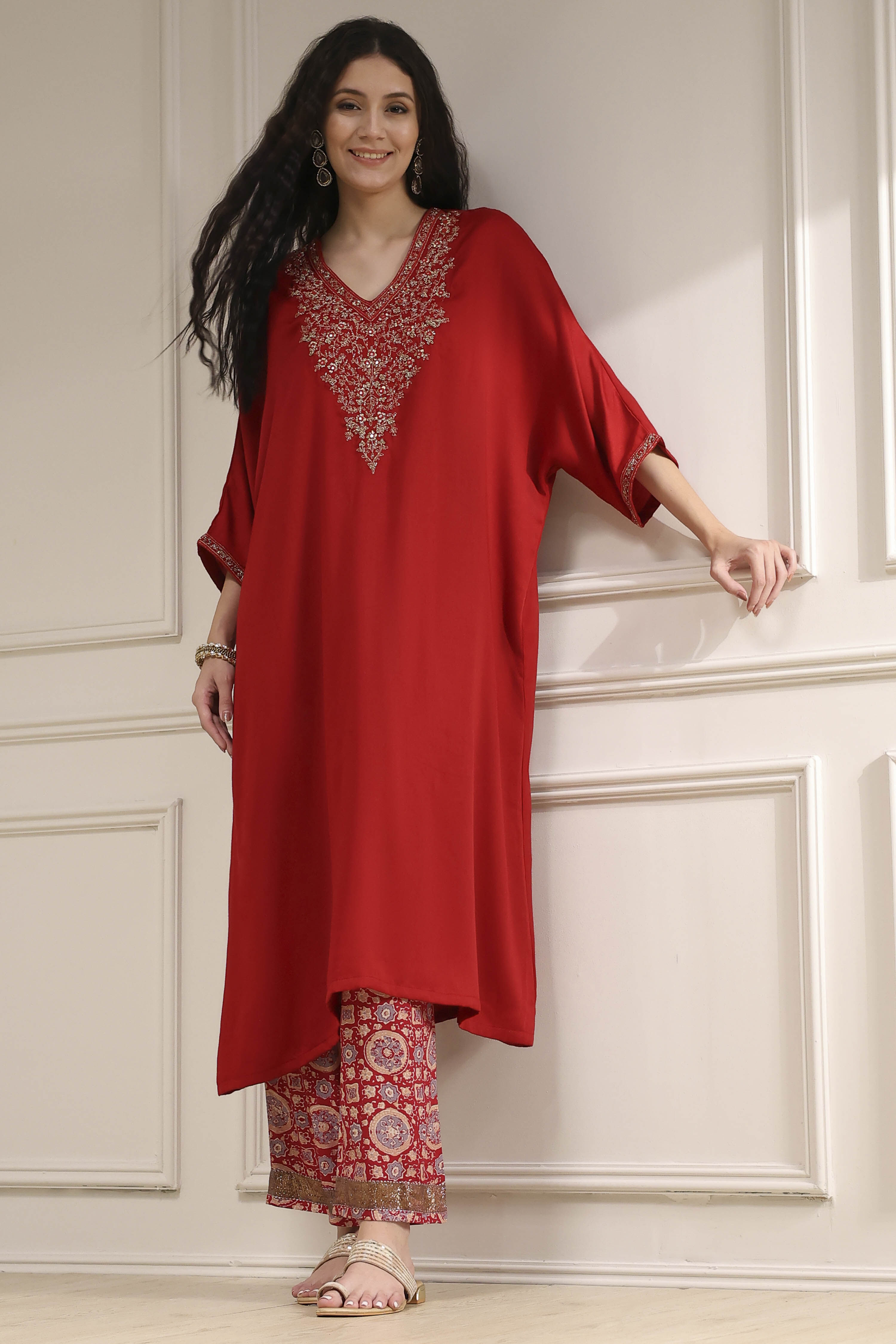 Red Satin Solid Kaftan-Style Kurta Set image number 0