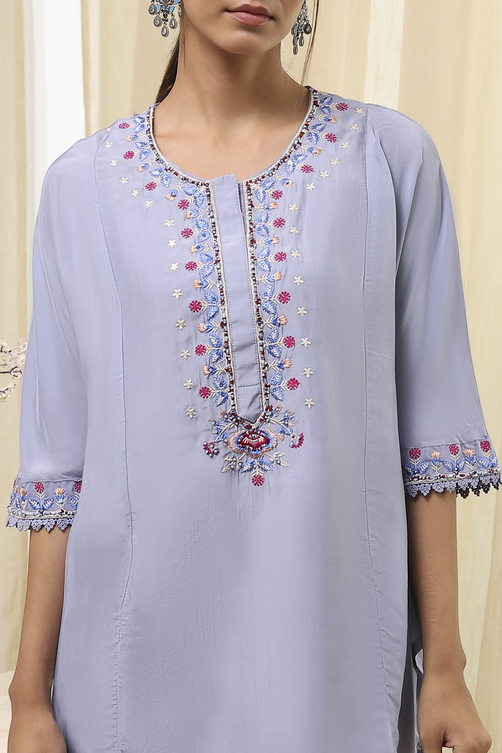 Dull Blue Modal Blend Asymmetric Short Kurta image number 1
