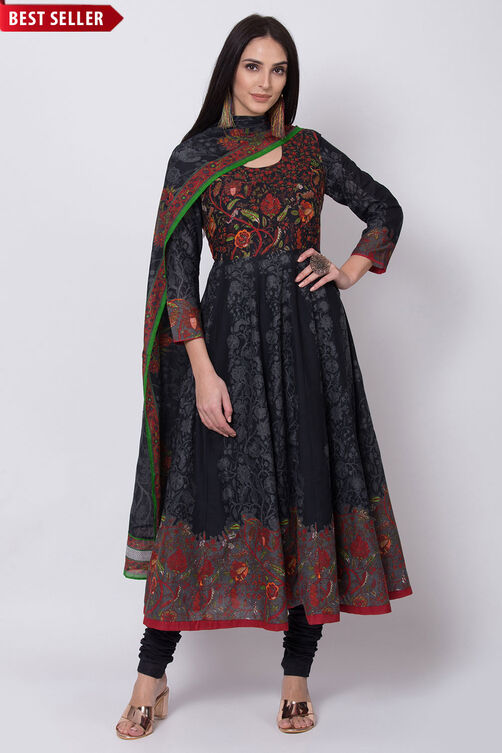 Black Cotton Anarkali Kurta Churidar Suit Set image number 0
