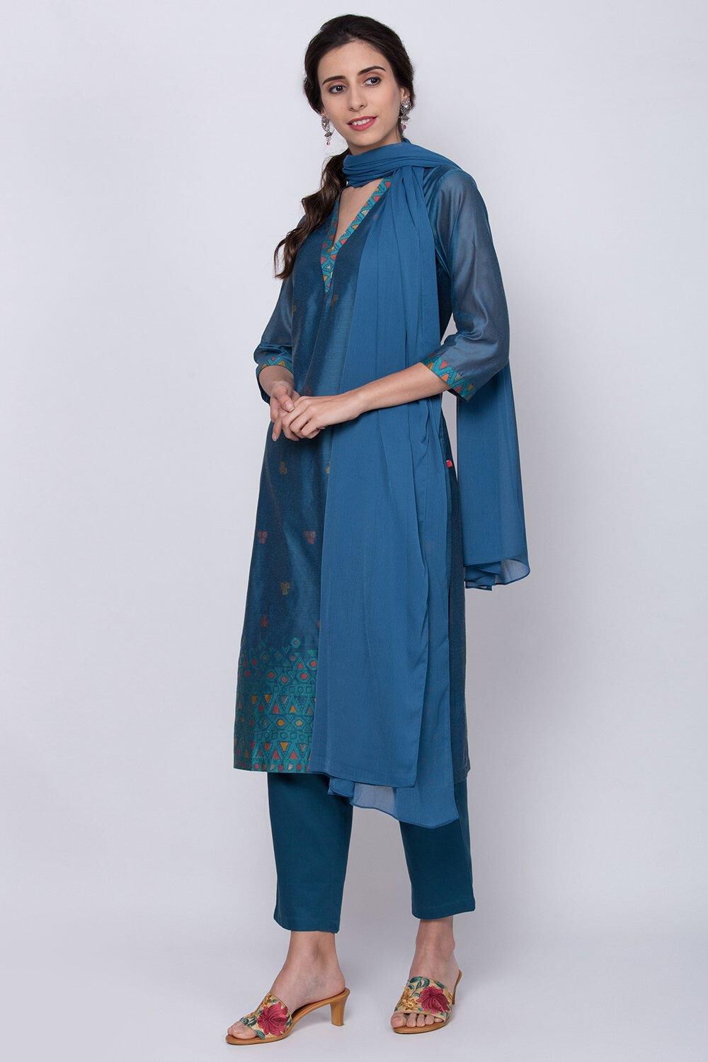 Midnight Blue Straight Kurta Regular Pants Suit Set image number 2
