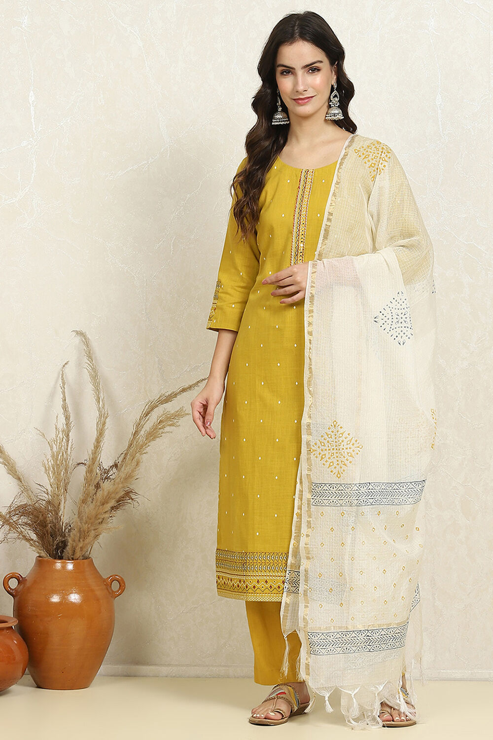 Yellow Cotton Handloom Unstitched Suit Set image number 7